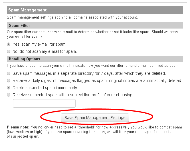 Spam Management Settings