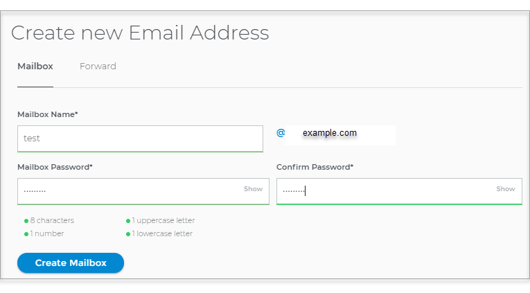 Fill in with your desired Mailbox Name and Password