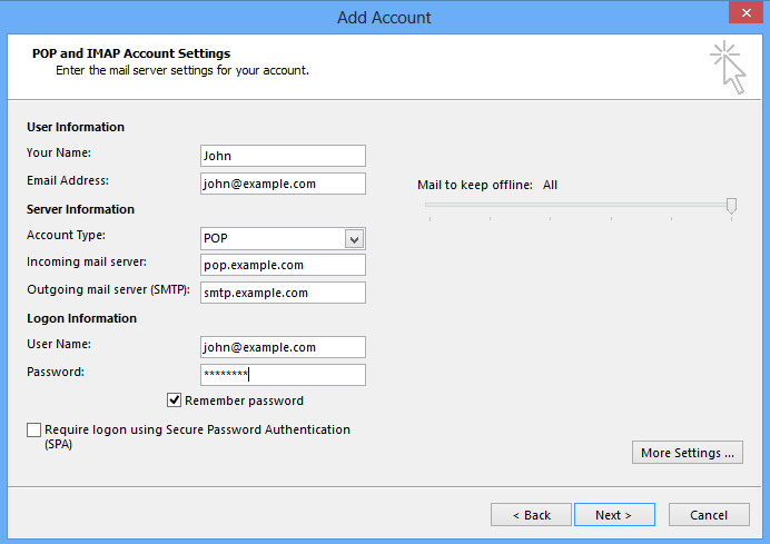 recommended account settings for outlook 2013