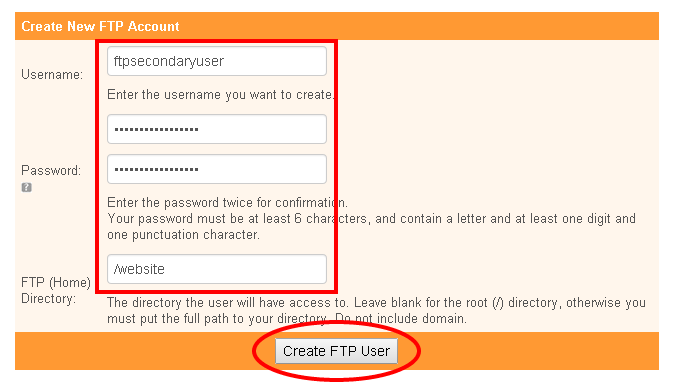 Fill out the Username, Password and FTP Directory field and click Create FTP User