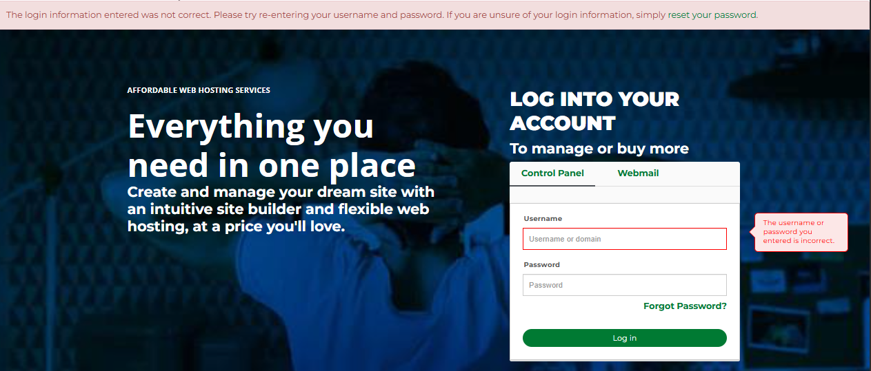 Wrong Username and Password