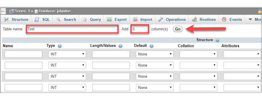 table name and number of columns