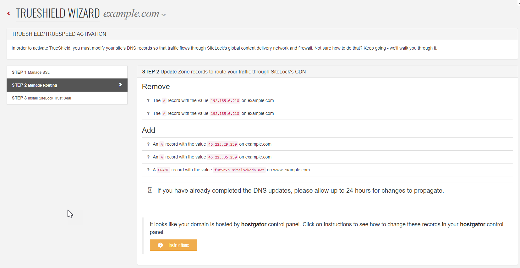 SiteLock TrueShield Wizard DNS Settings