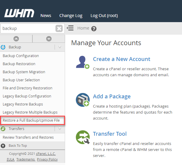 Restore a full backup/cpmove file