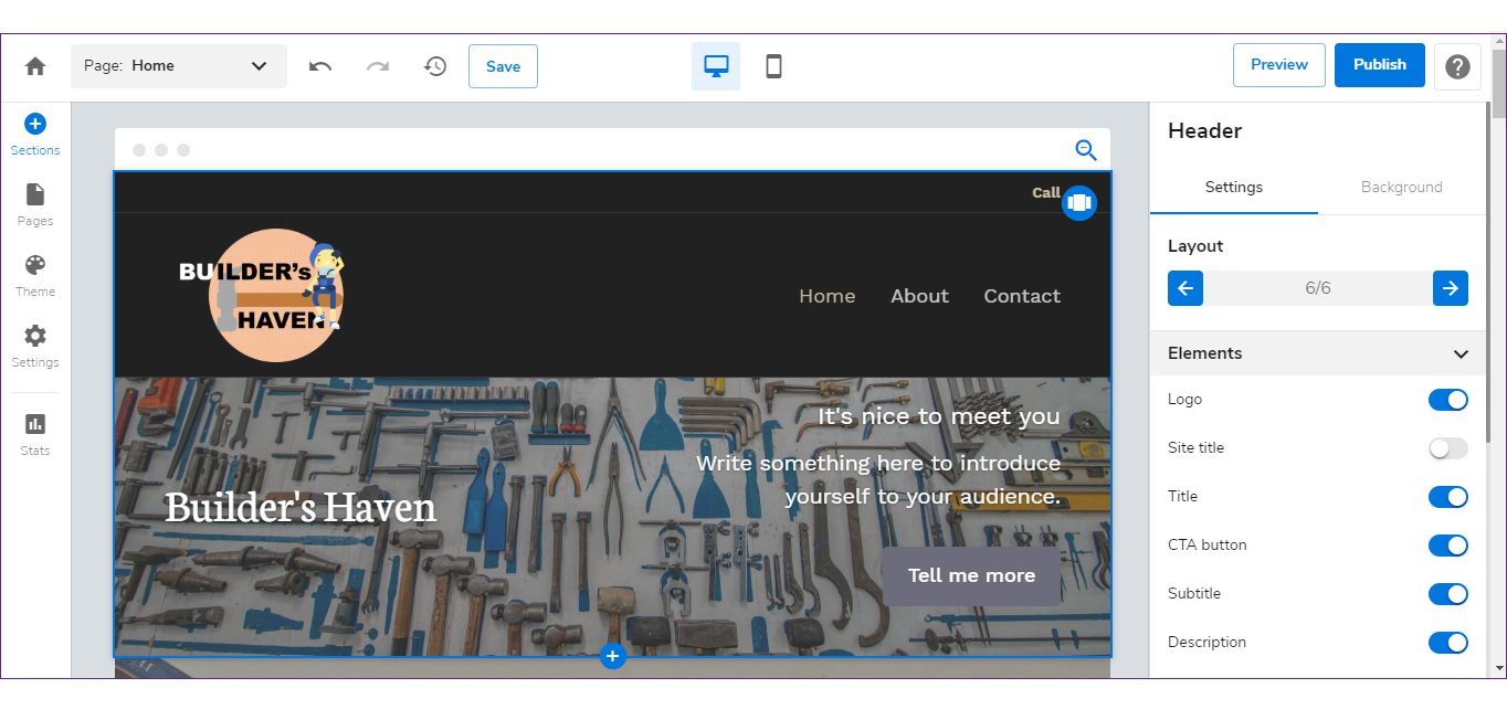 WebsiteBuilder Editor screen