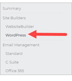 WordPress on the left pane menu